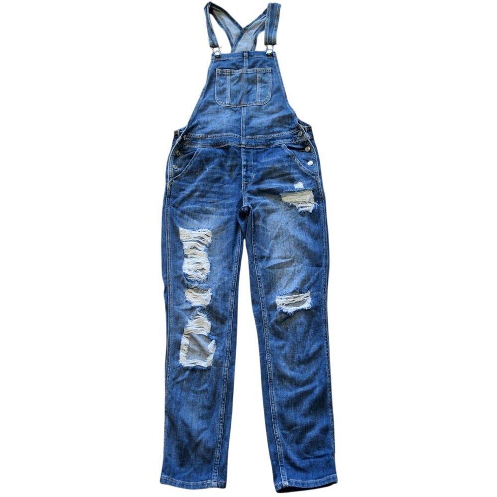 American Eagle Tomgirl Distressed Denim Bib Straight Leg Overalls Women's Small - Picture 2 of 7